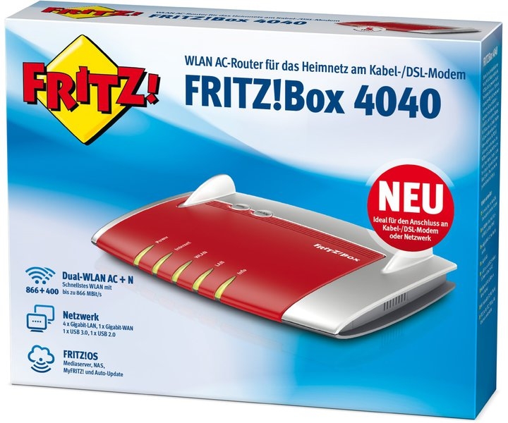 AVM Fritz!Box 4040 WLAN AC USB 3.0 ohne Modem - 866 Mbps -  2,4 GHZ / 5 GHz