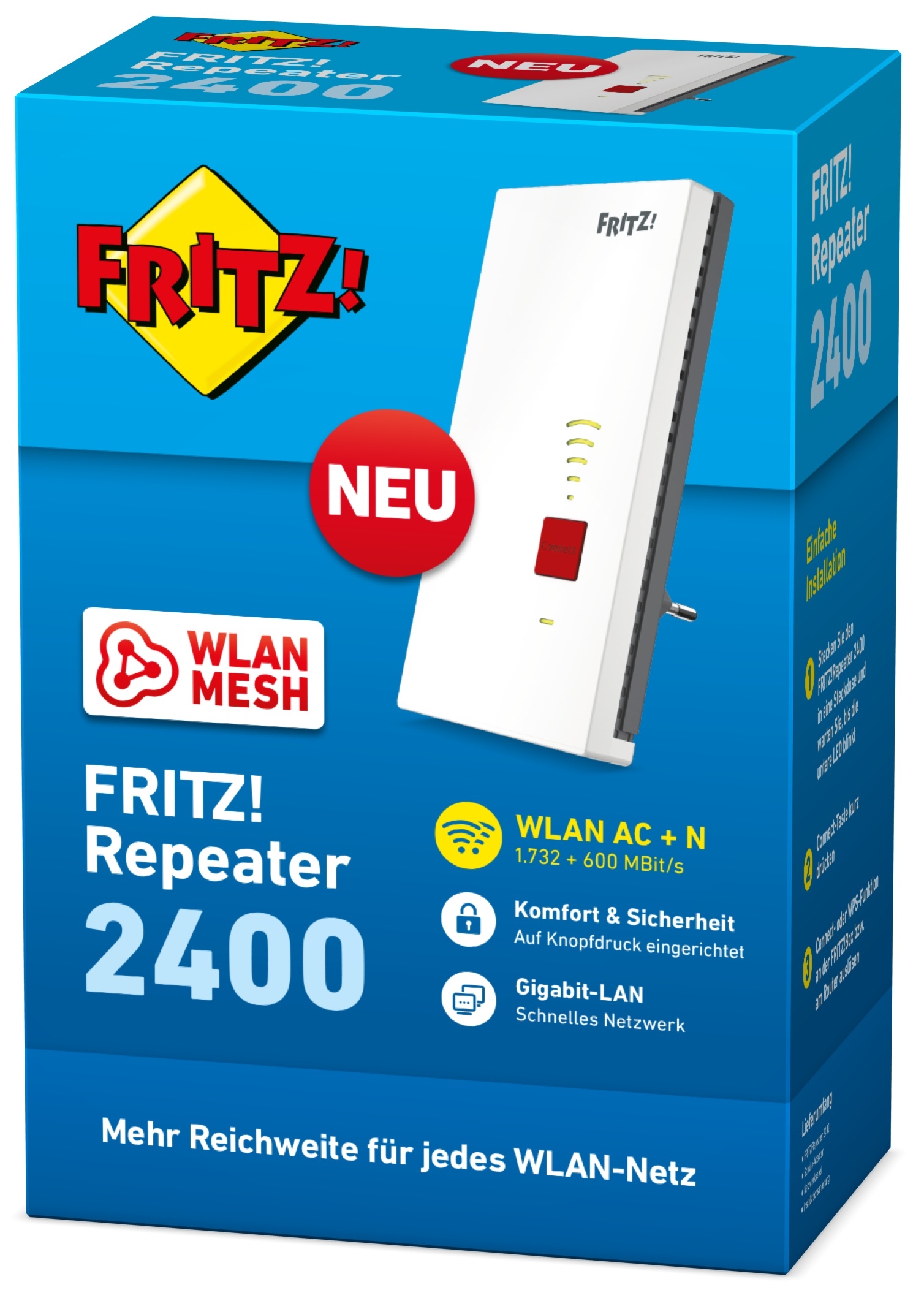 AVM FRITZ! Repeater 2400 - (2,4 GHz): 600 Mbit/s;  (5 GHz): 866 Mbit/s - Wi-Fi-Range-Extender - Wi-F